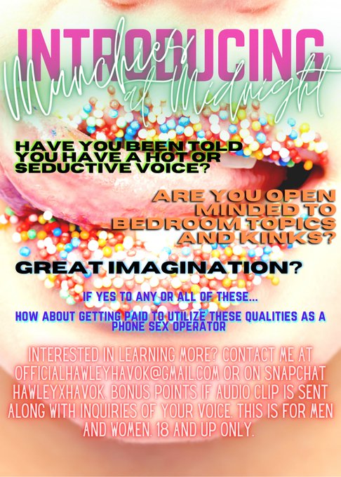 #introducing Munchies at Midnight! Interested in being a #phonesexoperator? I am in the middle of building<a href="/tag/introducing"class="tags">#introducing</a><a href="/tag/kinky"class="tags"><span>#kinky</span></a><a href="/tag/munchies"class="tags"><span>#munchies</span></a><a href="/tag/retweet"class="tags"><span>#retweet</span></a><a href="/tag/sexting"class="tags"><span>#sexting</span></a><a href="/tag/platform%20"class="tags"><span>#platform </span></a>