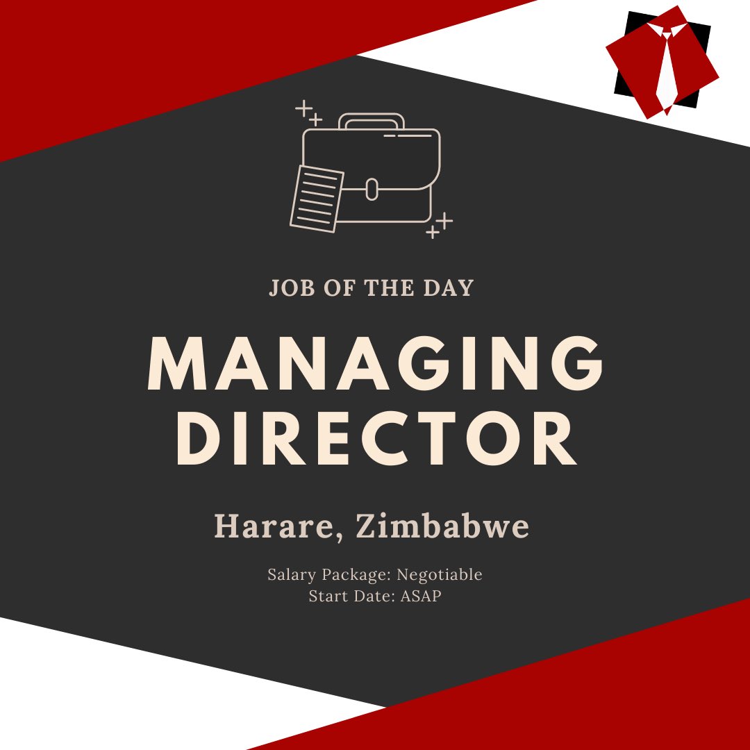RecruitmentMatters (@recruitmentzw) on Twitter photo Our client is now looking for an experienced and dynamic Managing Director to join them.
📍 Harare.
Please send your CVs to Ruth on:
📧 ruth@recruitmentmatters.co.zw Our client is now looking for an experienced and dynamic Managing Director to join them.
📍 Harare.
Please send your CVs to Ruth on:
📧 ruth@recruitmentmatters.co.zw