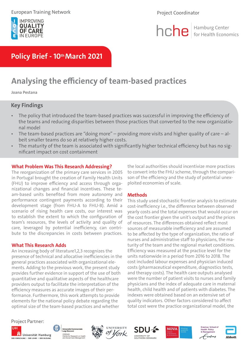 ETN_IQCE's tweet photo. We are happy to share the fifteenth IQCE Policy Brief "Analysing the efficiency of team-based practices" from our fellow Joana Pestana.
https://t.co/aEpJ2Qssux

#teambasedpractices #efficiency #teamwork #qualityofcare #technicalefficiency https://t.co/Ob4z4MLkoO