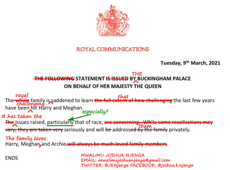 JKNjenga's tweet photo. Dear Buckingham Palace,

In my morning class, we discussed the difference between active and passive writing, and we used your statement for practice.

I asked my students to rewrite it using active language.

Here is what they did.

Have a great day.

Mwalimu Joshua Njenga https://t.co/pB16N9FfuC