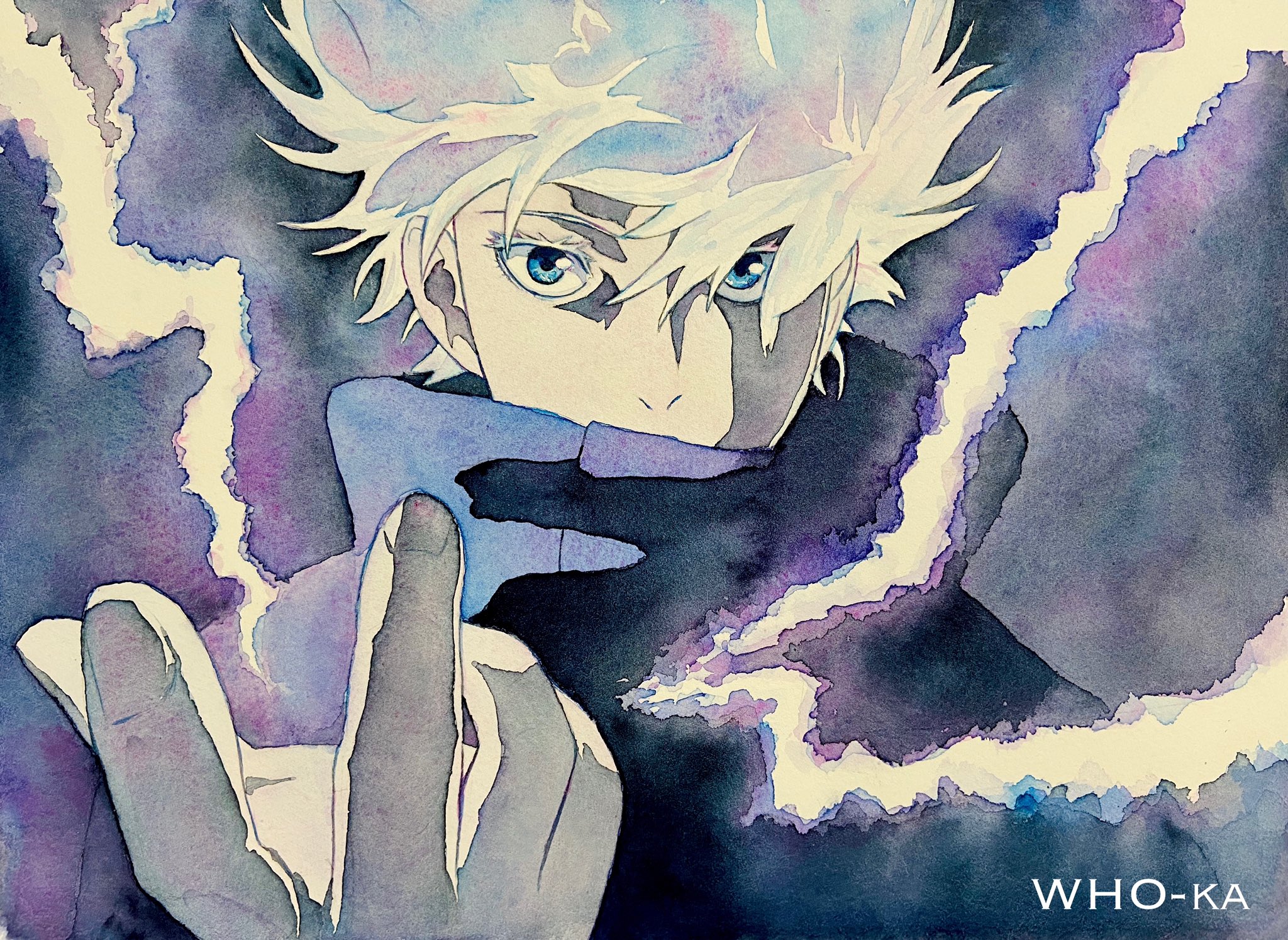 Who Ka 五条先生描いてみました 透明水彩 茈 五条悟 五条先生 呪術廻戦 五条悟しか勝たん 呪術廻戦好きと繋がりたい 呪術廻戦イラスト 水彩画 水彩 イラスト アナログイラスト イラストレーター 絵描きさんと繋がりたい イラスト好きな人と