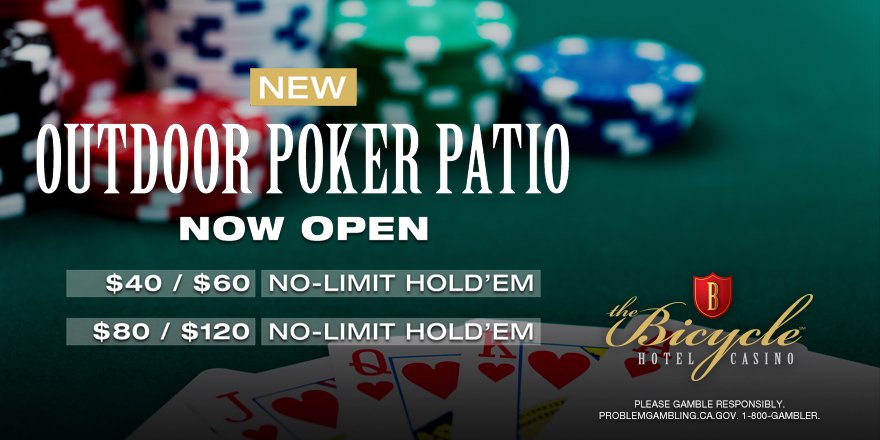BicycleCasino's tweet photo. Our new Outdoor Poker Patio is open 24/7 with $40/$60 NLHE & $80/$120 NLHE games!
If you are interested in our other selection of games, we also have them available as well. Download The Bicycle Casino app and see which tables are currently open. #BicycleCasino #freshairandfun https://t.co/I2H6x6xXTP