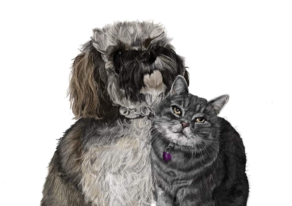 Friends! Baby Dog and I have a new portrait! We feel Famous ❤️ #cats #CatsOfTwitter #dogs #dogsoftwitter #wednesdaythought