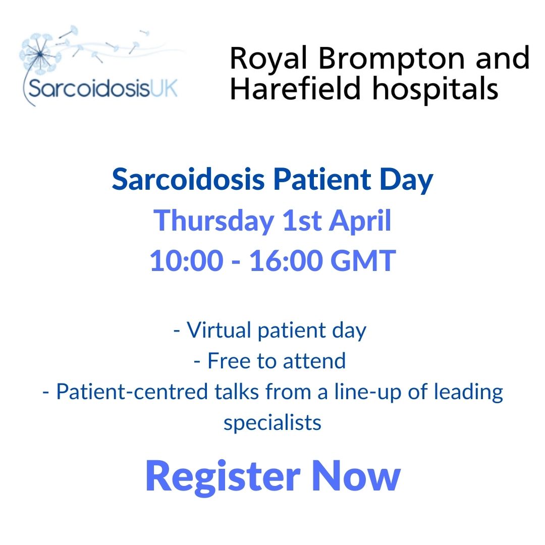 You’re invited!

The first ever Royal Brompton Hospital and SarcoidosisUK Sarcoidosis Patient Day will take place on 1st April 2021 (10:00 – 16:00 GMT).

Don’t miss out - follow the link to register for this free, virtual event → sarcoidosisuk.org/sarcoidosis-pa…