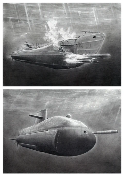 【作品紹介】潜水艦、海中(した)から見るか 海上(うえ)から見るか画像1:「海大Ⅵ型a 伊168」(上)、「おやしお型潜水艦」(下)、画像2:「潜水艦 とうりゅう SS-512」、画像3:「潜水艦 うずしお SS-707」両構図共に好きですが、潜航中の姿は絵ならではで魅力的。#鉛筆画 #鉛筆艦船画 #潜水艦 