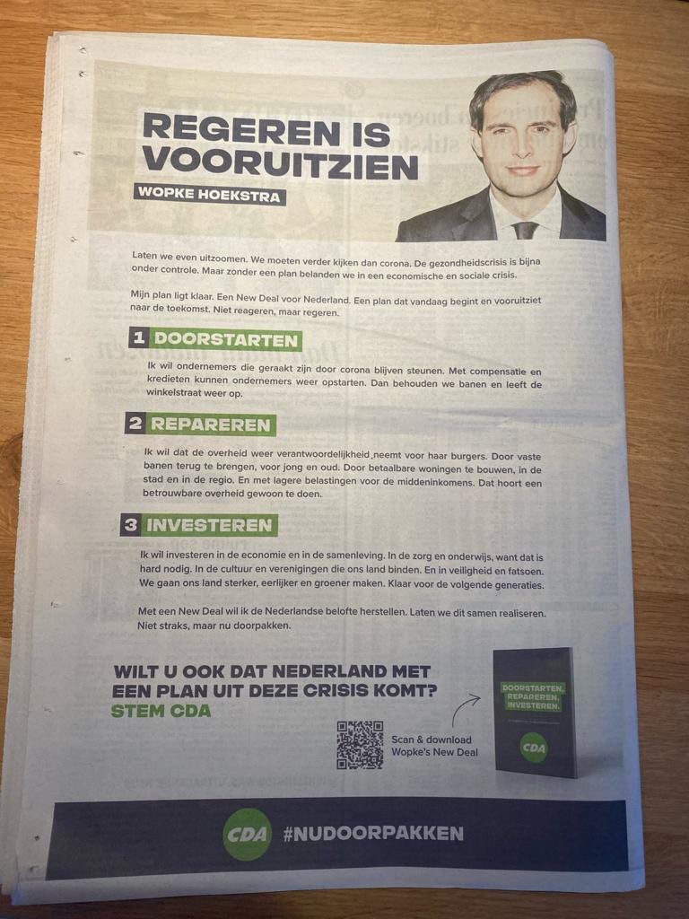 WBHoekstra's tweet image. Regeren is vooruitzien. 

Mijn plan ligt klaar. Een plan dat vandaag begint en vooruitziet naar de toekomst. 

Een #NewDeal waarmee we onze economie doorstarten, zekerheden repareren en investeren in de dingen die er echt toe doen. #NuDoorpakken

🔗 cda.nl/newdeal
