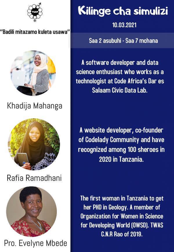 In continuing with #iwd2021, join our co-founder <a href="/rafia_ramadhani/">rafia Ramadhani</a> at TGNP HQ today where she'll be speaking about #womenintech

#womeninspiringwomen #iwd #ChooseToChallenge