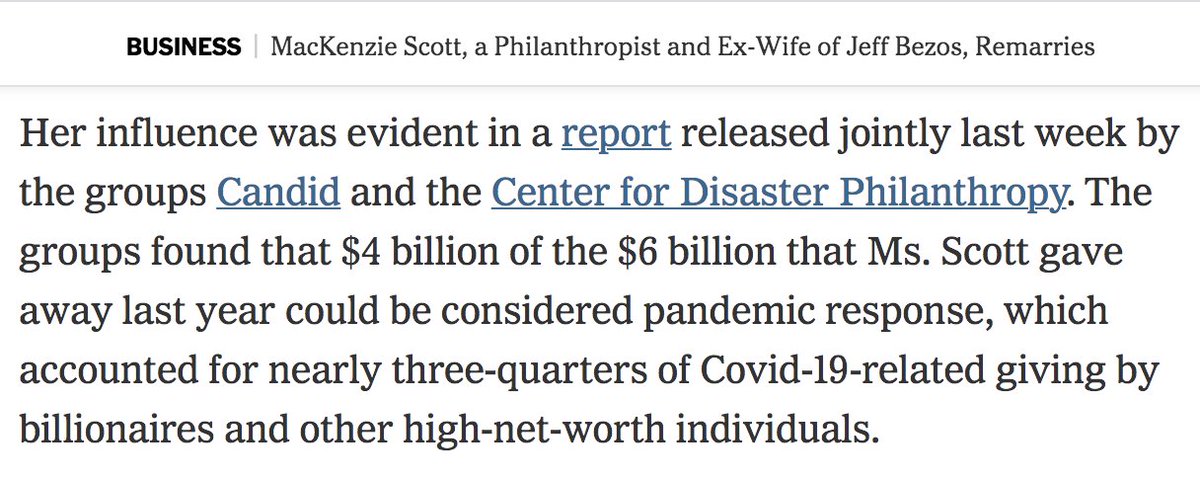 Her influence was evident in a report released jointly last week by the groups Candid and the Center for Disaster Philanthropy. The groups found that $4 billion of the $6 billion that Ms. Scott gave away last year could be considered pandemic response, which accounted for nearly three-quarters of Covid-19-related giving by billionaires and other high-net-worth individuals.