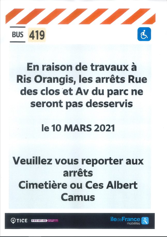 EvryEss_IDFM's tweet image. #InfoTrafic Les lignes #bus418 et #bus419 seront perturbées suite à des travaux le 10 mars 2021.