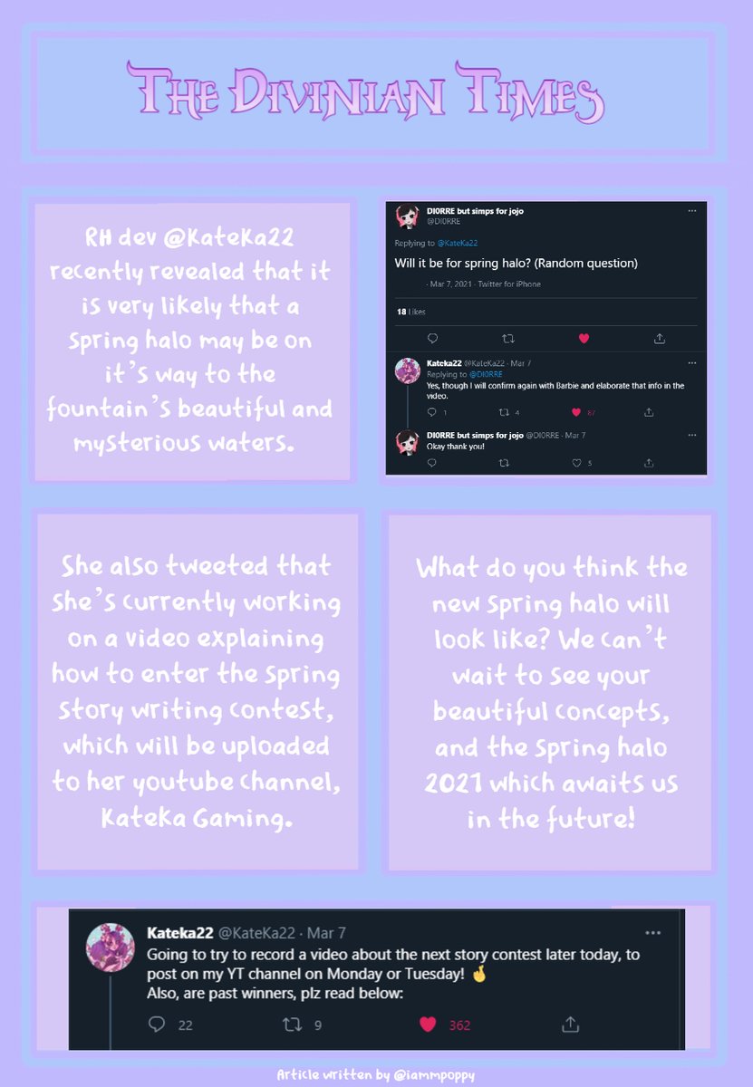 diviniantimes's tweet photo. NEW SPRING HALO? STORY-WRITING CONTEST RE-OPENING!

Read our latest paper to know more.

Submit news by DMing us.

#RoyaleHigh #RH #Cybertea #rhteaspill #royalehightea #roblox #rhtc #rhtrades #rhtrade #royalehightrading #tdtea #tdteaspill #tdteaspills https://t.co/zJOqZs8A4j