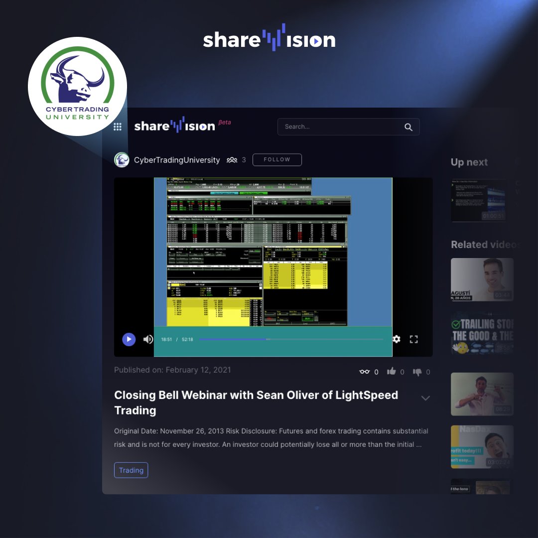 sharevisionlive's tweet image. 👀💻 Cyber Trading University’s #ShareVision channel is one to watch!

🎓 Provides #trading #education.
🎥 Daily LIVE pre-market streams.
📈 Daily #LIVE afternoon trading shows.

Sound good? 

👉🏽 Find @cybertradingu on sharevision.com