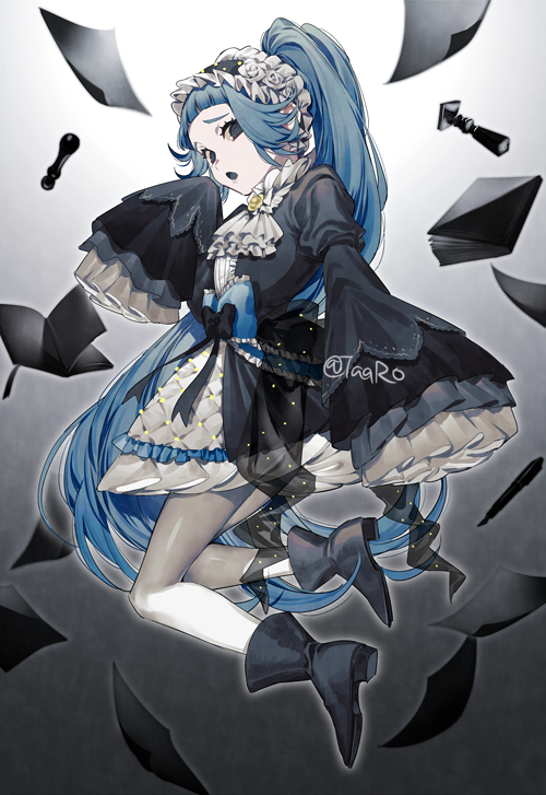 1girl solo long hair blue hair chess piece sleeves past wrists ponytail  illustration images
