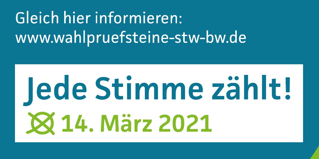 Am 14. März 2021 sind Landtagswahlen in Baden-Württemberg. Mache von deinem Wahlrecht Gebrauch, denn jede Stimme zählt!

Informiere dich unter:
wahlpruefsteine-stw-bw.de 

#badenürttemberg #bawü #bawüfürbildung #landtagswahl  #landtagswahl21 #landtagswahlbw #ltw21 #ltwbw #ltwbw21