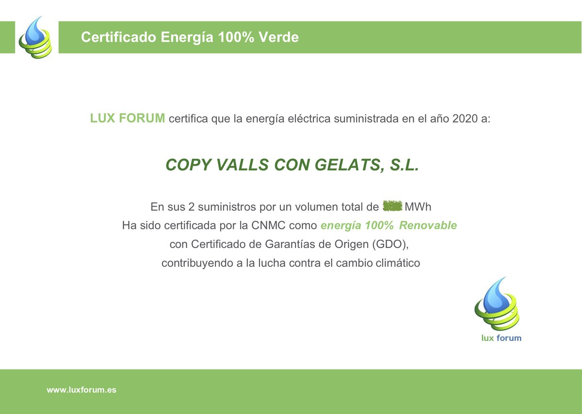 Durante el 2020 #CopyValls ha hecho uso de energía 100% Verde Certificada ✅ en sus dos plantas de fabricación (España). Un paso en firme en la lucha por la #sostenibilidadambiental y los valores #EcoFriendlyFoodPackaging♻️