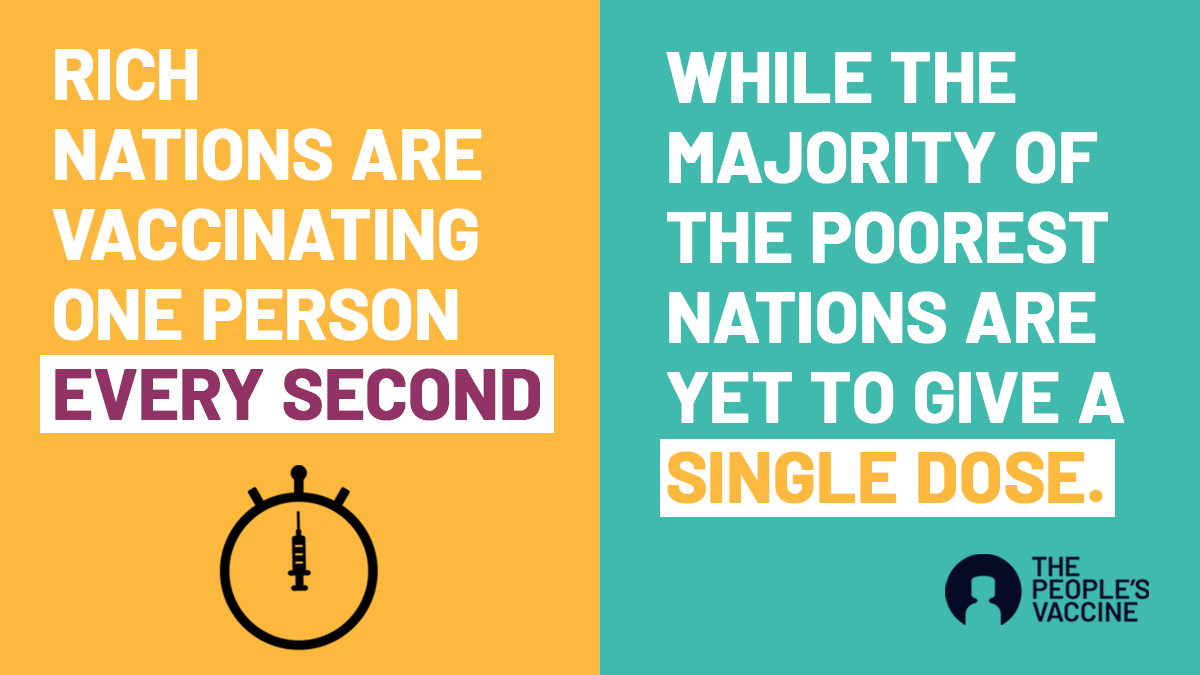 peoplesmeds's tweet photo. SHOCKING: Rich countries are vaccinating 1 person every second while the majority of the poorest nations are yet to give a single #COVID19 dose.

Suspend patents to stop Big Pharma monopolies. 

Support #TRIPSwaiver

We need a #PeoplesVaccine 

https://t.co/bq48Xs42yb https://t.co/fvnW033Wfe