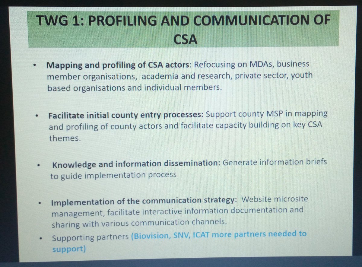 KenyaCsaMsp's tweet photo. Overview of the #KenyaCsaMsp #TechnicalWorkingGroups planned activities, outputs and call to action, Nancy Rapando, CSA MSP Coordinator. @FaithGikunda @FutureForAll @CGIARclimate @CIAT_Africa @MaryNyasimi @CGIARclimate @catmungai @MamaNjihia https://t.co/kFX7ncH3BO