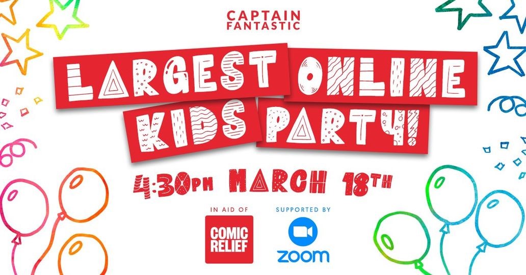ABCMagazineUK's tweet photo. Join Captain Fantastic to set a new world record with the Largest Online Kid’s Party in aid of Comic Relief. They are inviting families to join them on Zoom at 16.30 on 18th Mar, for an hour of fun, games, magic, music &amp; entertainment for the whole family! https://t.co/Emwzo6s1Du https://t.co/FWgF3TnEAh