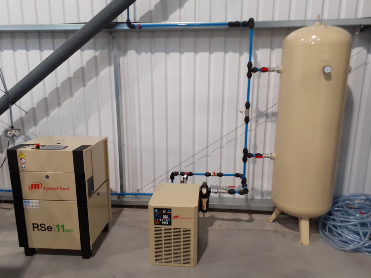 Recently installed Ingersoll Rand RSe11ne variable speed air compressor complimented with an Ingersoll Rand D144IN-A dryer complete with filters and a 500litre air receiver. The compressed air pipe work used for the installation is the new Ingersoll Rand EPL system.