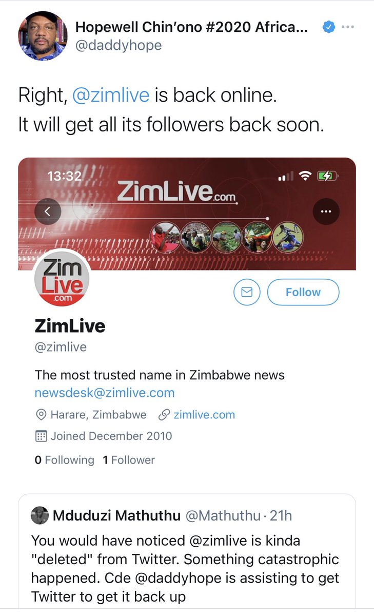 DivhaAfrica's tweet photo. Hi @Twitter , I'm worried about your IMAGE.
Hopewell Chin'ono boasts about how he can open suspended twitter accounts.
Do u have any special arrangements?
Pliz investigate for the sake of ur IMAGE.
@joecharema @enkudheni @kyrantitterton @garweh2011 @MdluliNtate @abuhassan221 https://t.co/sdSls7tt6U