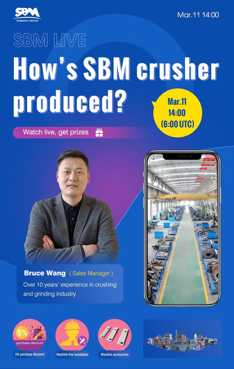 Watch our live on Mar.11 14:00 (6:00 UTC, Thursday), you can visit our crusher manufacturing workshop online and know how SBM's #crusher is produced. Click the link👉m.sbmchina.com/marketing/sbml…, booking to watch, and you will have the opportunity to gifts after filling the form.