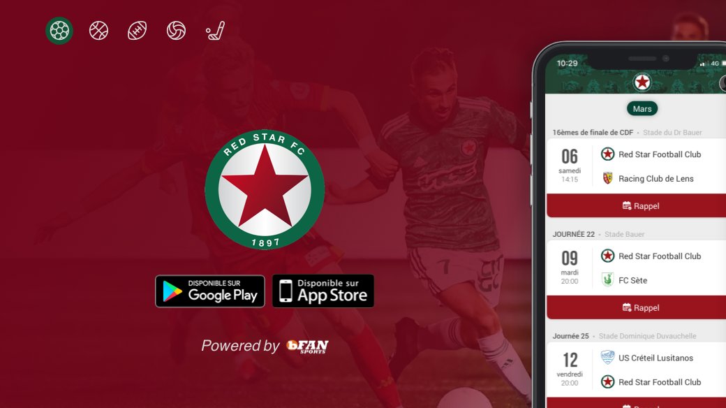 [Mercato] ⚽
bFAN Sports est heureux d’accueillir un nouveau club de <a href="/Ligue2BKT/">Ligue 2 BKT</a>, le club <a href="/RedStarFC/">Red Star FC ✪</a> !
Merci à eux de nous faire confiance pour leur application mobile 📱
👉Application disponible sur Play Store et App Store : onelink.to/j8pgnj