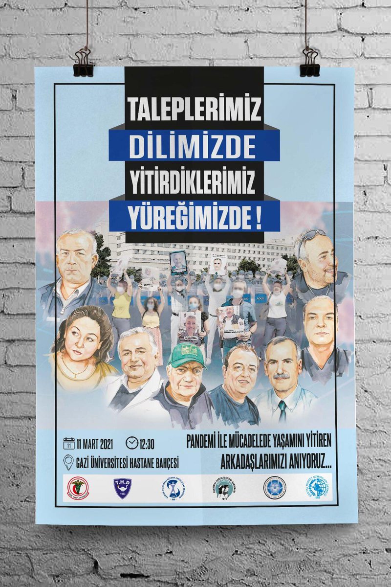 Yarın pandeminin 1.yılında
KAYBETTİKLERİMİZİ ANIYORUZ. 
Saat 12.30'da Ankara Gazi Üniversitesi Hastanesi önünde
#ÖLÜYORUZ #CovidMeslekHastaligiSayilsin