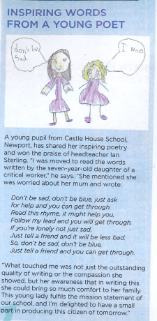 CastleHouseSch's tweet photo. A massive well done to Amelia for writing a lovely poem about being there for your loved ones, and it appearing in this bi-monthly addition of Shire Magazine!😀 https://t.co/6Qrk719eVj