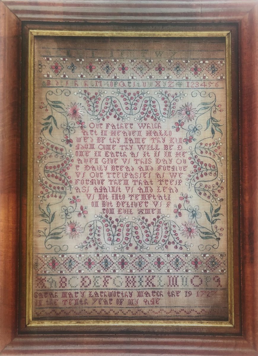 Sarah Mary Larkworthy completed her sampler this month, on 10 March 1727, when she was nine years old ('in the tenth year of her age'). She was baptised on 19 June 1718 in Exeter, Devon. A similar sampler survives made by Elizabeth Flood, born in Bamford Speke, Devon