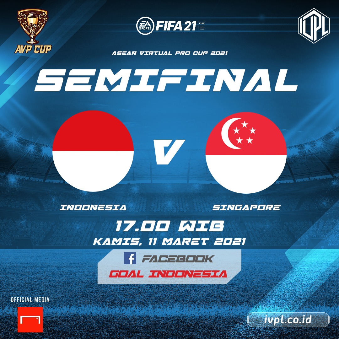 GOAL_ID's tweet photo. Ikuti terus gelaran ASEAN Virtual Pro (AVP) Cup 2021 yang telah dimulai! Salah satunya adalah duel antara Indonesia dan Singapura 🔥

Pertandingannya bisa Anda tonton di laman Facebook Goal Indonesia!

@IVPL_ID #GoalIVPL #FIFA21 #11v11 https://t.co/voYlxiF6Lv