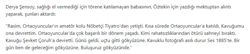 inandemirel's tweet photo. Ferhan Şensoy sağlık sebebiyle Rasim Öztekin'in cenaze törenine gidemeyince kızıyla bir mektup yollamış. Mektup "Buluşuruz gökyüzünde neşeli bir meyhanede" diye bitiyor. AA'nın gökyüzünde buluşmaya itirazı yok ama buluşmanın meyhanede gerçekleşmesini uygun görmemiş. https://t.co/gj8fUpVwlZ
