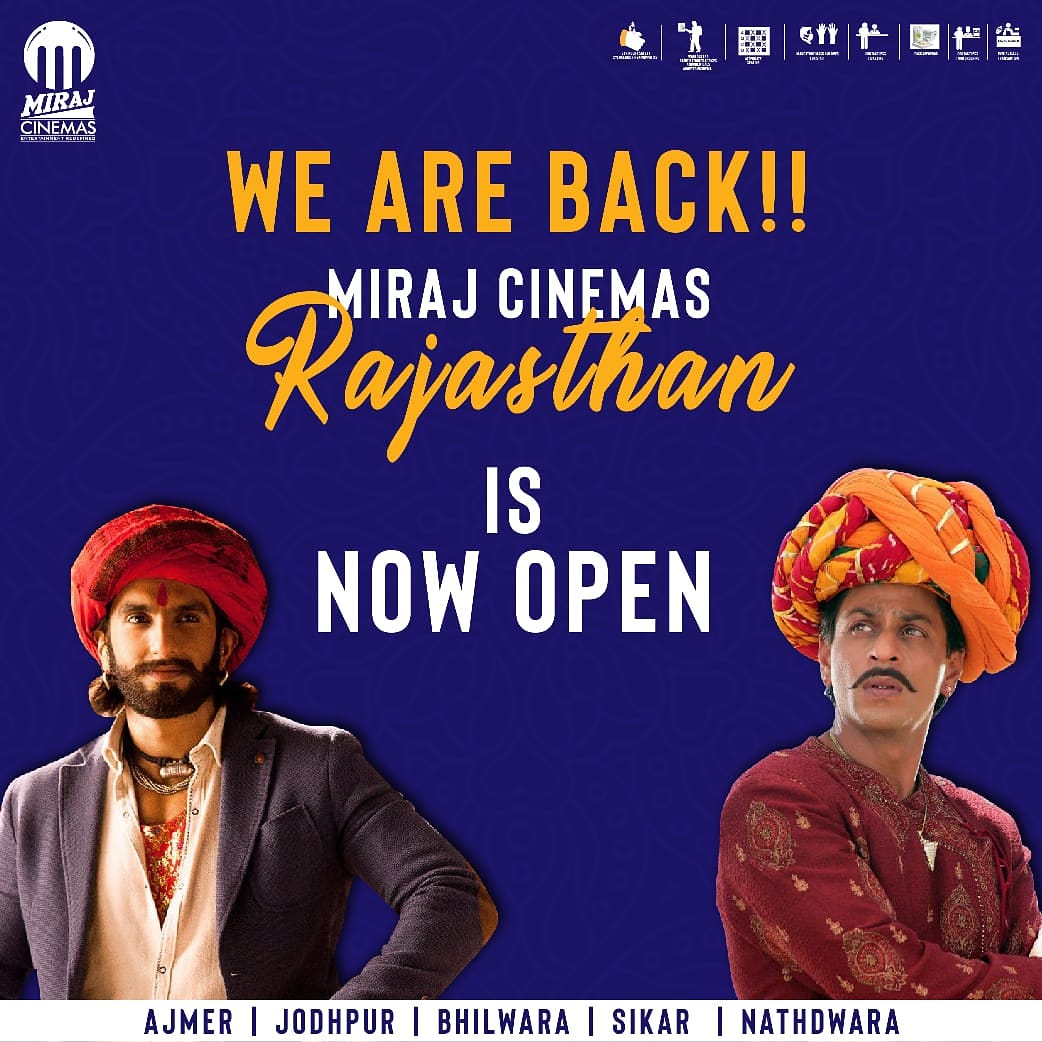 Khamma Ghani Rajasthan!!

Miraj Cinemas #Rajasthan is now open after a short interval.
Your safety is our priority and hence we are fully equipped with all the safety measures necessary.
Visit us now..!!

#NowOpen #Ajmer #Jodhpur #Bhilwara #Sikar #HygieneRedefined #Entertainment