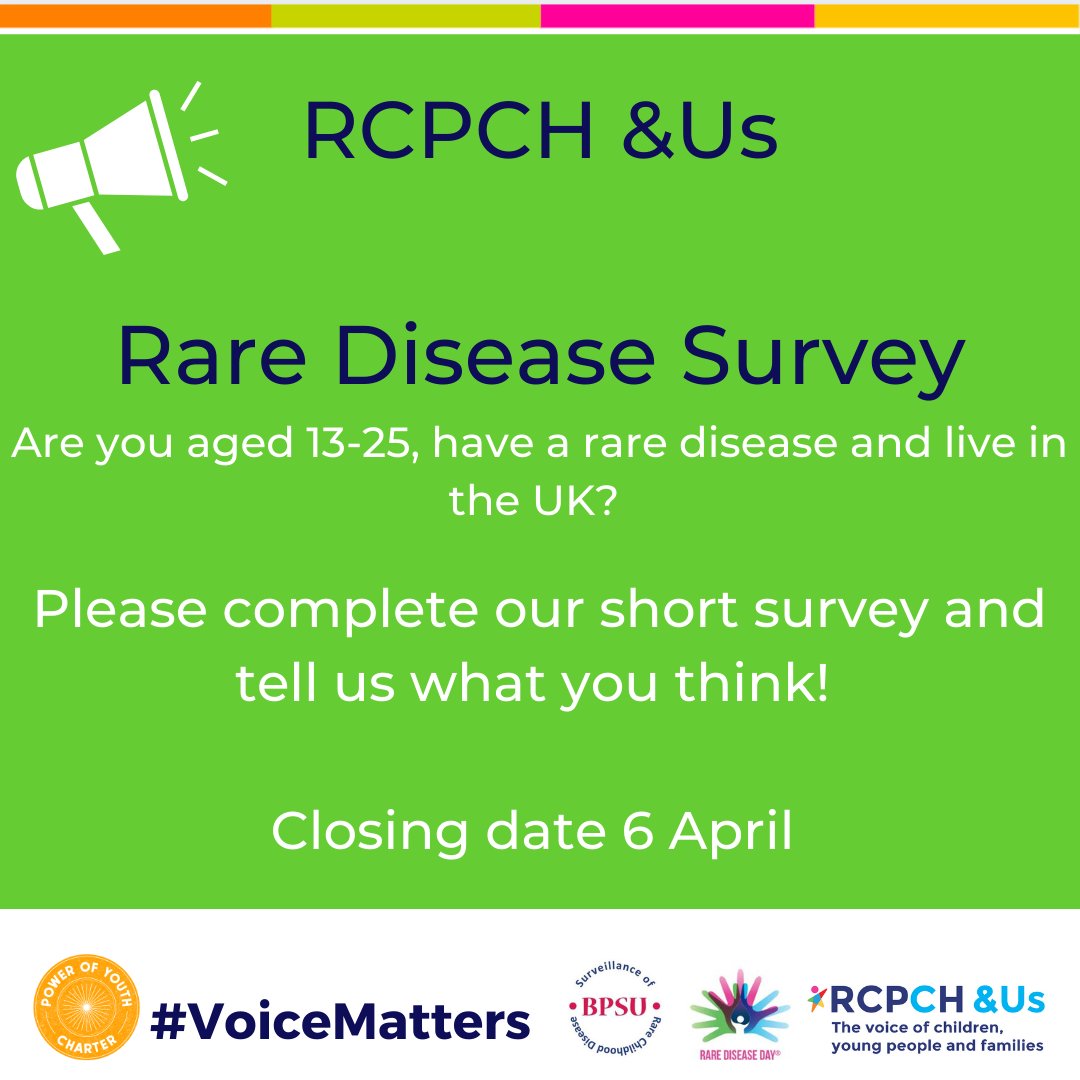 RCPCH_and_Us's tweet photo. RCPCH &amp;Us and @BPSUtweet have a survey for children &amp; young people aged 13-25, who have a rare disease &amp; live in the UK. We want to hear your views. To complete the survey visit: https://t.co/8nRkVYKiiO #voicematters #youngpeoplematter https://t.co/ih1IPSEglF