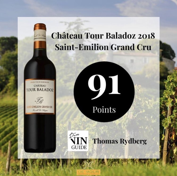 DEMOURsarl's tweet photo. Nous remercions Thomas Rydberg pour 91 points attribués au Château Tour Baladoz, Saint Emilion Grand Cru, millesime 2018 dans la revue Din Vin Guide 👏 @dinvinguidedk 

#demour #thomasrydberg #dinvinguide #Bordeaux #winelover #wine #tourbaladoz #saintemiliongrandcru #saintémilion https://t.co/XJmOjBEaVa