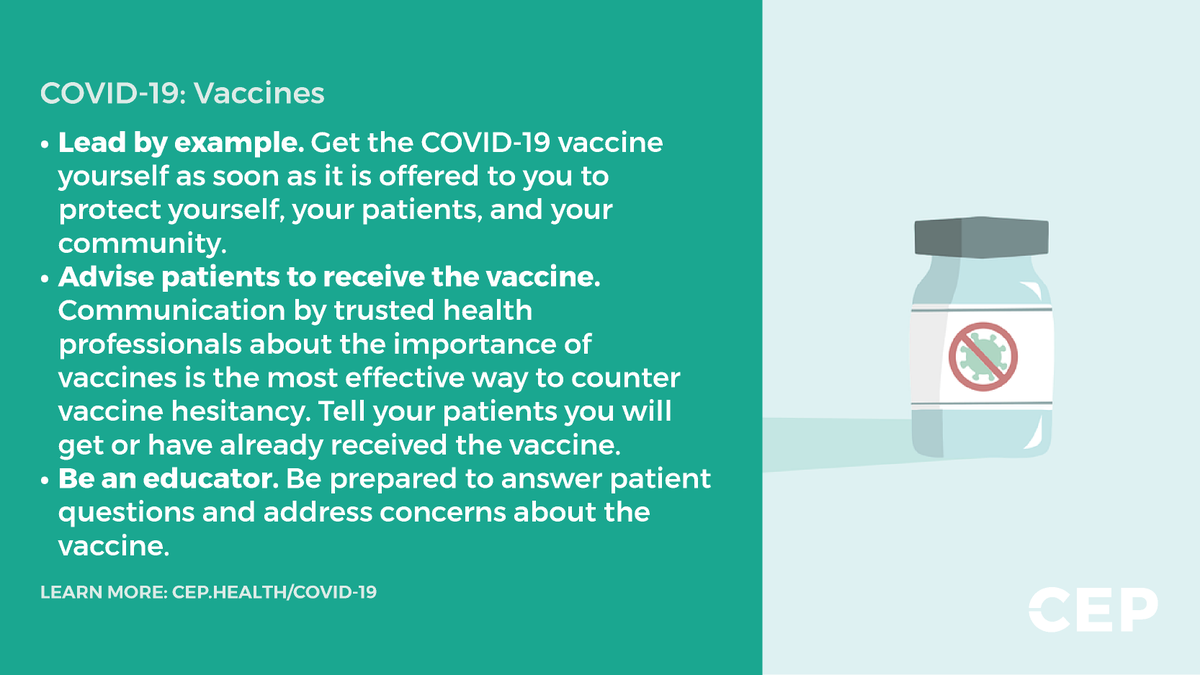CEPhealth's tweet image. Lead by example. Advise patients to receive the vaccine. Be an educator. More ways to address COVID-19 vaccines with patients: tools.cep.health/tool/covid-19-… @NoahIvers