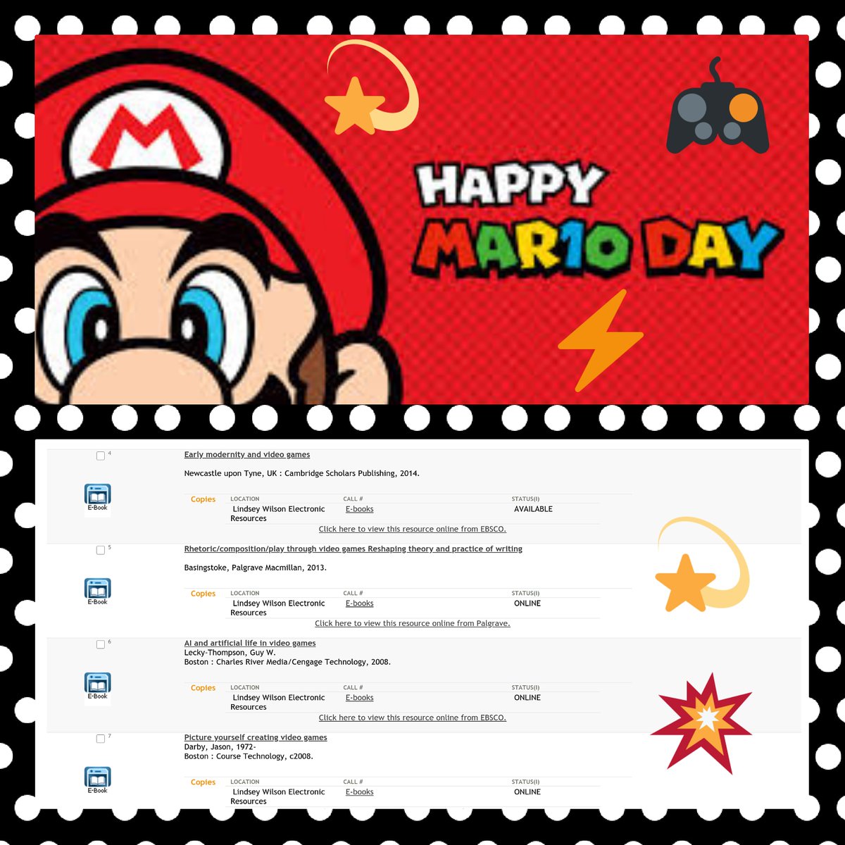LWCLibrary's tweet photo. Happy MAR10 Day! We celebrate Mario Day on March 10 each year (MAR10) The friendly mustached Mario character was initially released by Nintendo in 1985! #mar10 #nationalmarioday #nintendo #mario #yourprincessisinanothercastle #katiemurrelllibrary https://t.co/xyPRkVE66M