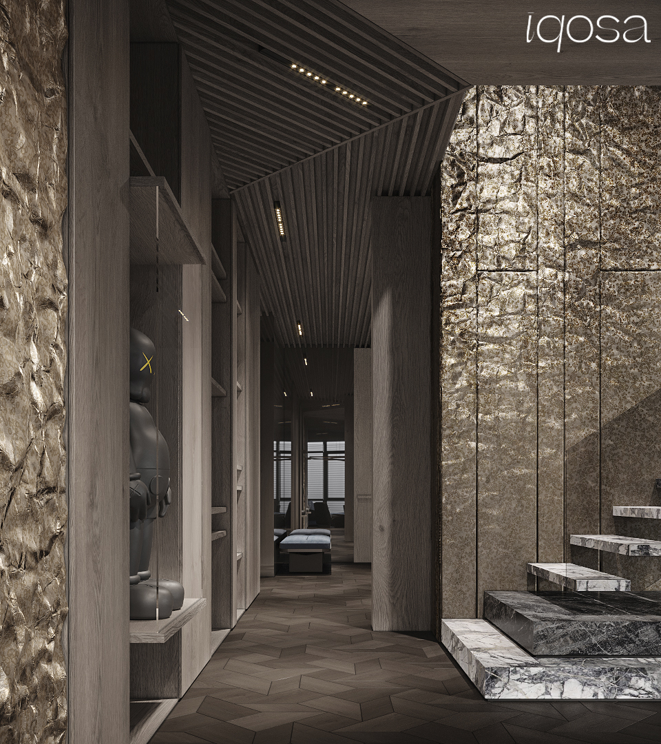 iqosa's tweet photo. Today the focus on the hall – place where, from the first steps, everyone can read the taste of the host and mood of the whole house.
With bronze panels on wall with the effect of crumpled metal, natural wood parquet flooring, the marble staircase and sculpture @fyKAWS. 

#iqosa https://t.co/ULFdvm0qy4