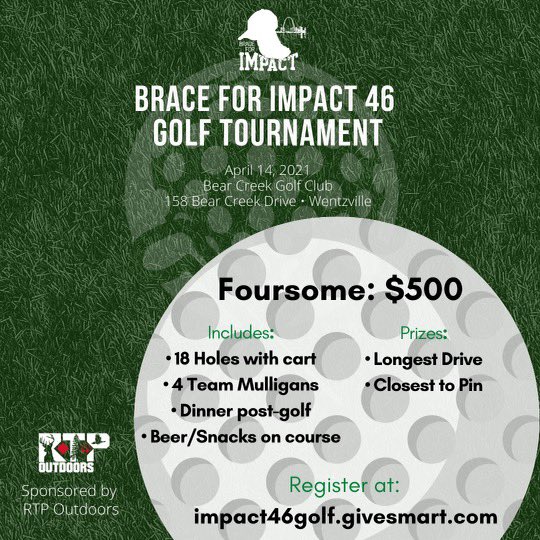 Our charity <a href="/Brace4Impact46/">Brace for Impact 46</a> is hosting a golf tournament April 14th
.
Link to register....
impact46golf.GiveSmart.com