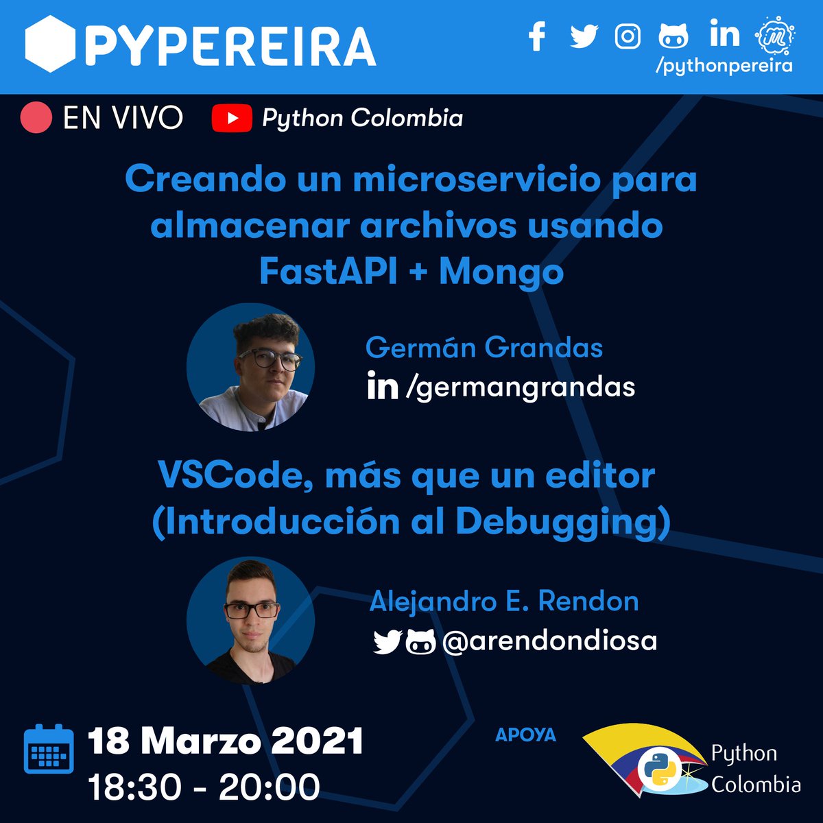 pythonpereira's tweet image. 📣 Queremos invitarlos al primer meetup virtual del año🐍💻:
👉 Creando un microservicio para almacenar archivos usando FastAPI + Mongo por @germangrandas
👉 VSCode, más que un editor (Introducción al Debugging) por @arendondiosa
🚩 Inscripciones: bit.ly/pypereira-marz