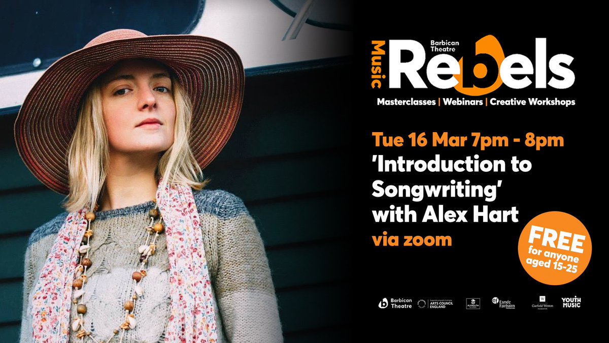 #FreeWorkshop with experienced singer songwriter <a href="/AlexHartMusic/">Alex Hart</a> who introduces the very basics of songwriting. Explore the way songs are built, how to write lyrics &amp; come up with basic chords on a guitar or piano to accompany them.

Sign up: barbicantheatre.co.uk/rebels-music/ 

#Songwriting