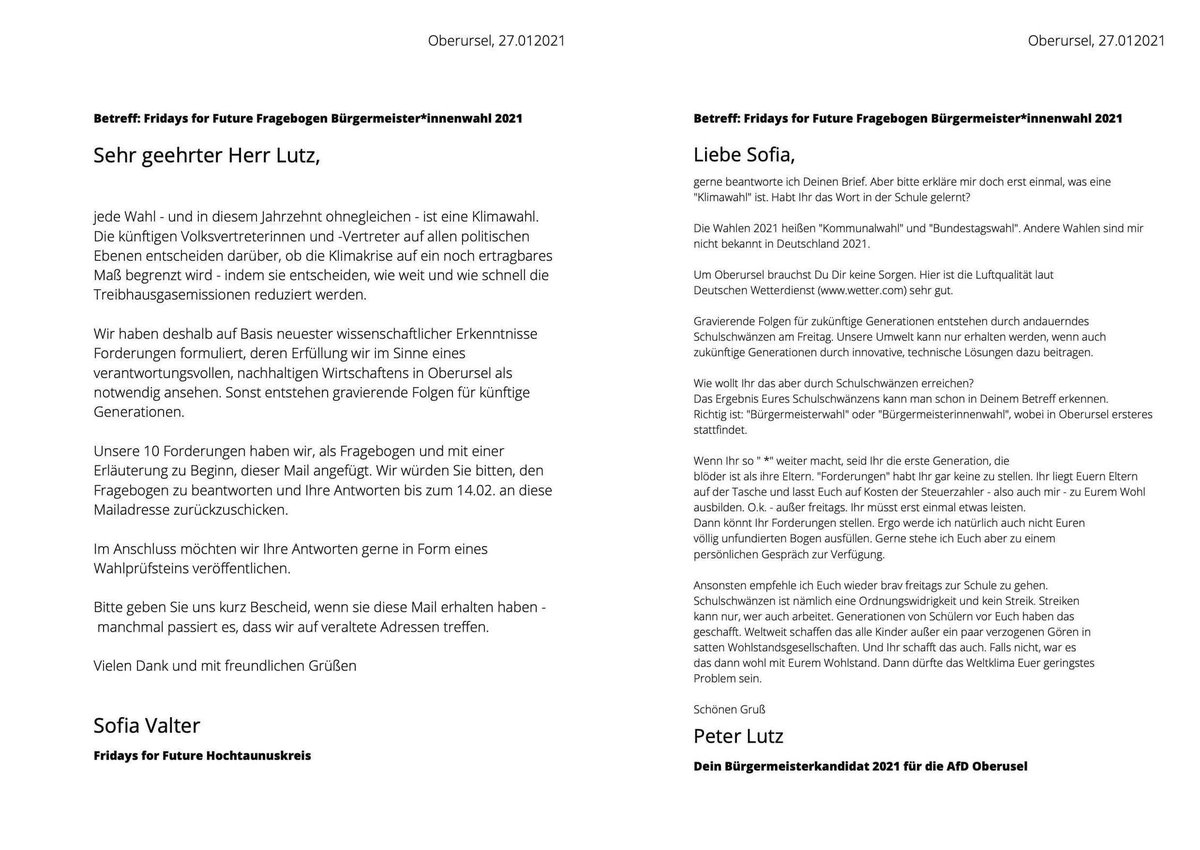 erzaehlmirnix's tweet image. Auf Reddit (reddit.com/r/de/comments/…) gefunden: Briefwechsel zwischen Fridays for Future und AfD Politiker. Falls sich jemand fragt, wie arrogant und unverschämt man sein kann.