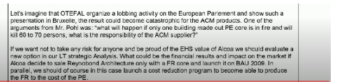 PeteApps's tweet photo. Pretty extraordinary document where - after viewing a presentation about the dangers of ACM -marketing manager at Grenfell cladding producer Arconic considered what the responsibility of the supplier would be if a fire in a tower block killed 60 to 70 people. This was in 2007. https://t.co/GuSqYpBXLw