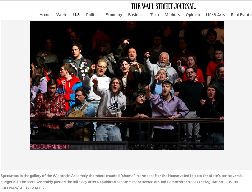 Ten years ago today I achieved what I did not know what my greatest ambition: getting my photo in the Wall Street Journal yelling 'Shame!' #WisconsinUprising