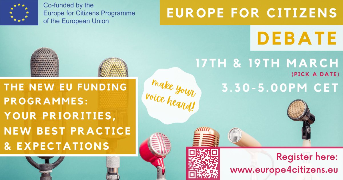 Our #EuropeforCitizens colleagues are holding an event to gather opinions &amp; ideas on the future EU funding programmes. 

🗓️ 17 and/or 19 March, 2.30 - 4pm Irish time 

🗳️ Vote for your favourite ideas here: bit.ly/3rBbmvR

👉Register here bit.ly/3t8Th98