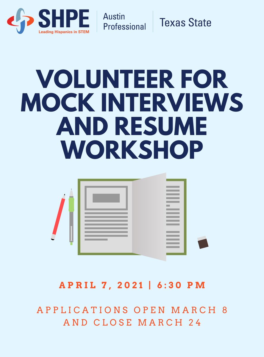 SHPEAustin's tweet photo. We are looking for volunteers to help TX State SHPE students improve their interviewing and resume-writing skills. 

Sign up for either mock interviews, resume reviews, or both at the link in our bio or below!

https://t.co/NMy1PGJOG2 https://t.co/U4mHi9plom