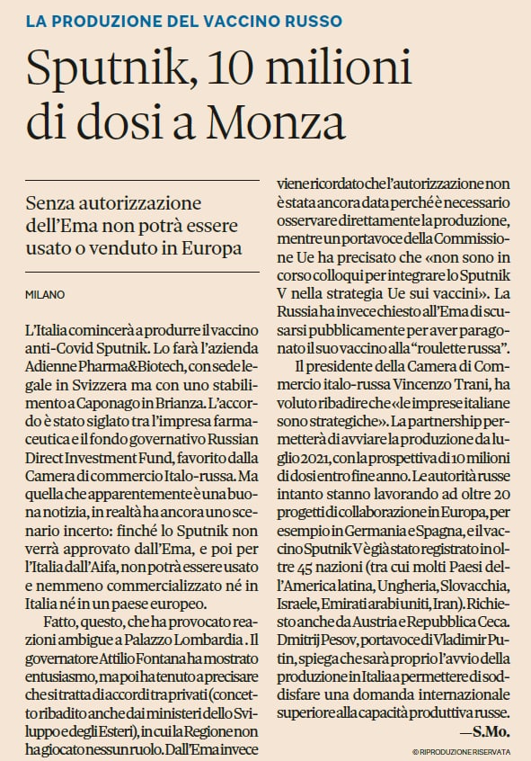 NikeSkywalker's tweet photo. 🇮🇹🇷🇺 A partire da Luglio 2021 il vaccino russo #SputnikV sarà prodotto in #Italia e diventerà italo-russo. Il Fondo Russo per gli Investimenti diretti e la società #Adienne #Pharma & #Biotech hanno firmato l'accordo, ha dichiarato la Camera del Commercio Italo-Russa. La #Russia. https://t.co/RtFJQG1Ee5