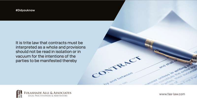 FAA_law's tweet photo. It is trite law that contracts must be interpreted as a whole and provisions should not be read in isolation or in vacuum for the intentions of the parties to be manifested thereby.
#FAAlaw #FolashadeAlli #contract #validityofcontract https://t.co/DVYsn0jdZF