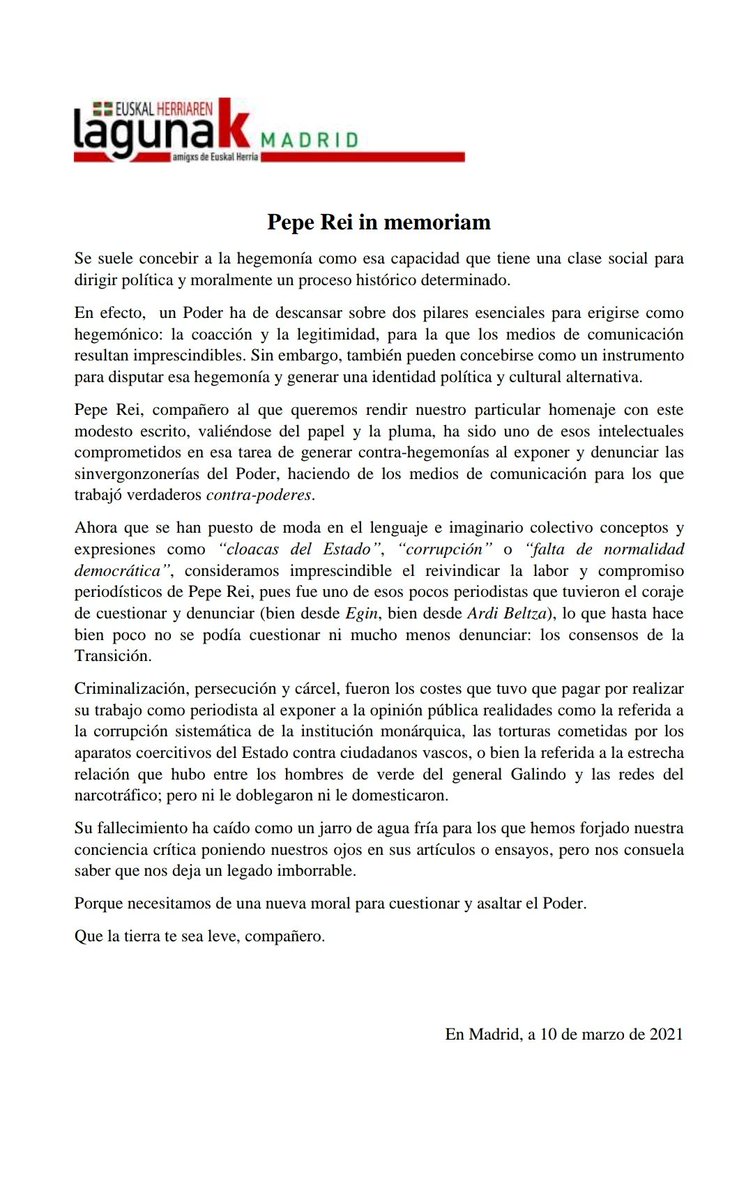 EHLmadrid's tweet photo. Desde Madrid rendimos nuestro pequeño homenaje a #PepeRei periodista comprometido con la Verdad y de firmes convicciones democráticas.
#PepeReiAurrera ✊ https://t.co/7aMZsqrVdO