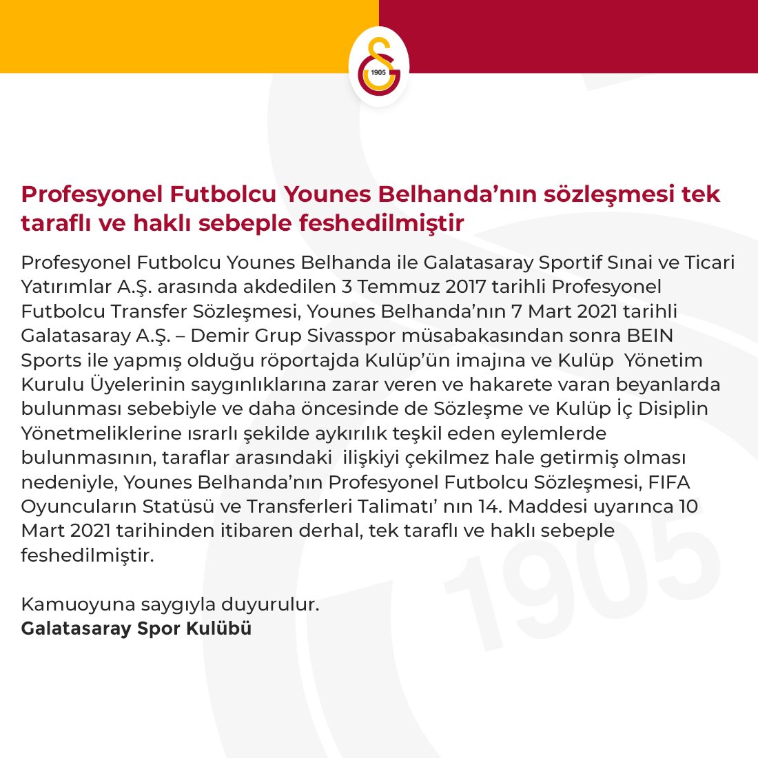 GalatasaraySK's tweet photo. Profesyonel Futbolcu Younes Belhanda’nın sözleşmesi tek taraflı ve haklı sebeple feshedilmiştir https://t.co/PfShTZtiuV
