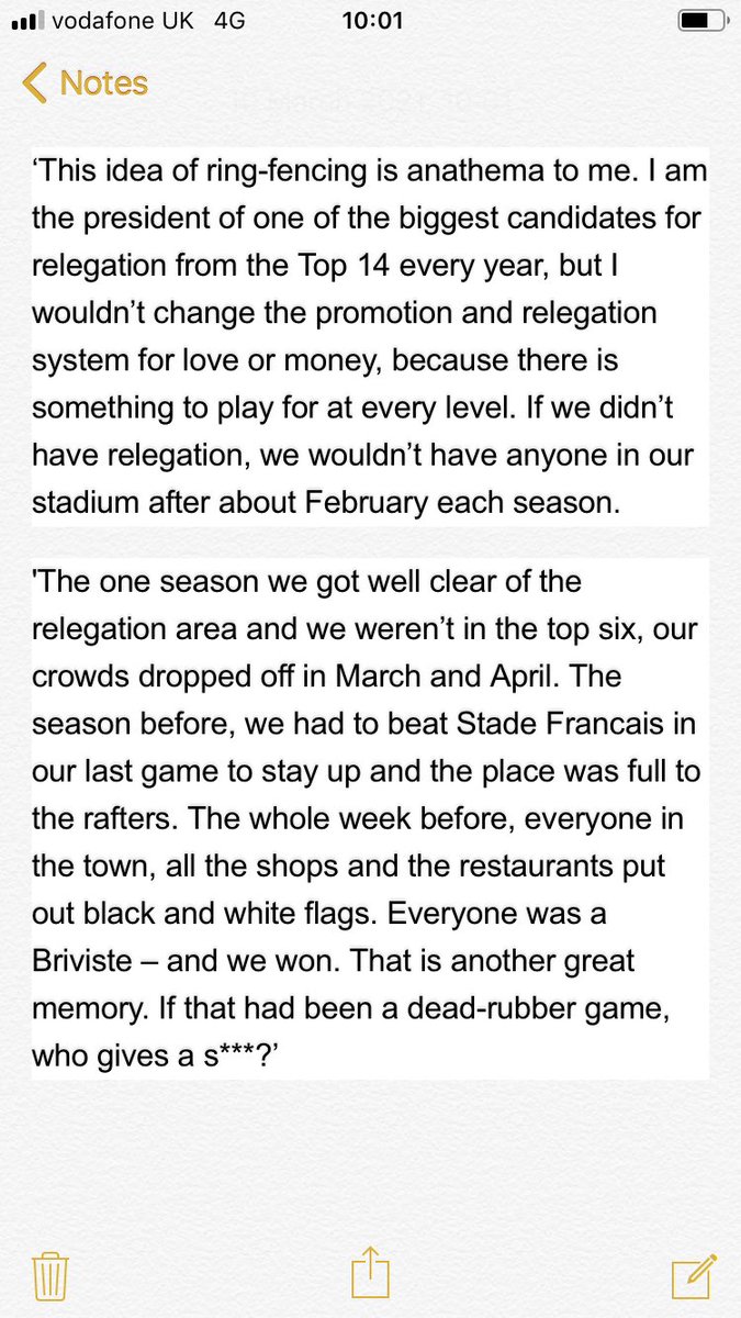 Fascinating view from Brive president Simon Gillham about the jeopardy of a promotion-relegation system versus the security of ring-fencing, to create a closed shop - as the Premiership are doing (at least temporarily)...