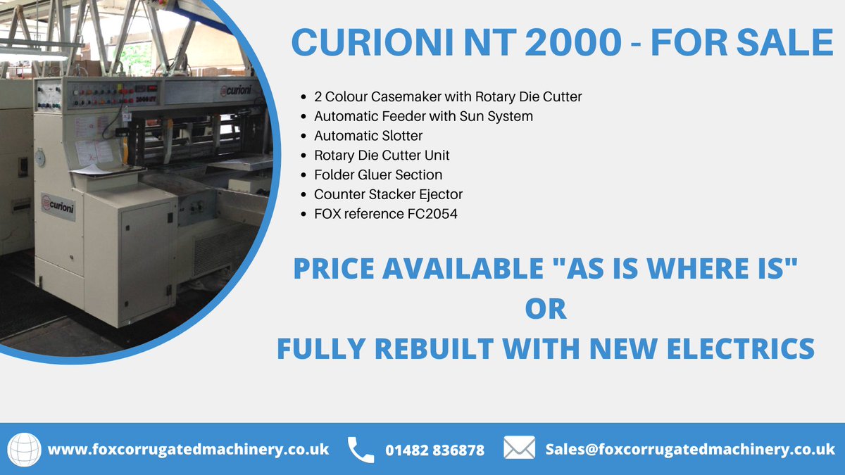 Foxcorrugated's tweet image. Curioni NT 2000 - For Sale.

Great price "As is Where Is" or price for full Re-build with electrics. 

#curioni #casemaker #2colourcasemaker #rotarydiecutter #counterstackerejector #machinesforsale #corrugatedmachinery #automaticslotter #foldergluersection